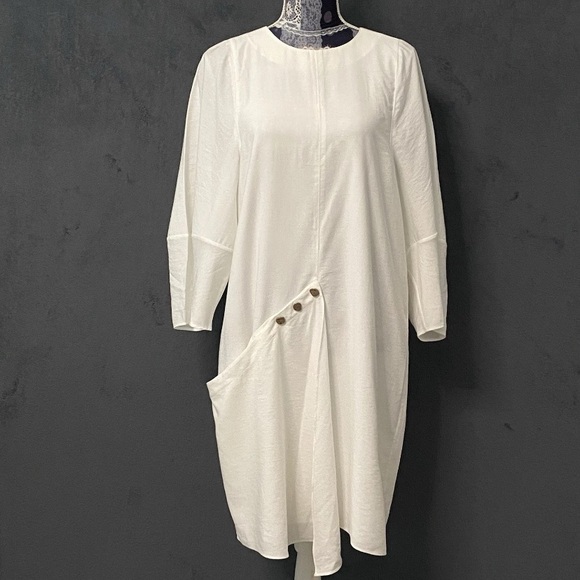 Tibi Dress Womens 8 White Asymmetric Silver Snap Pocket Balloon Sleeve Lagenlook - Picture 1 of 10